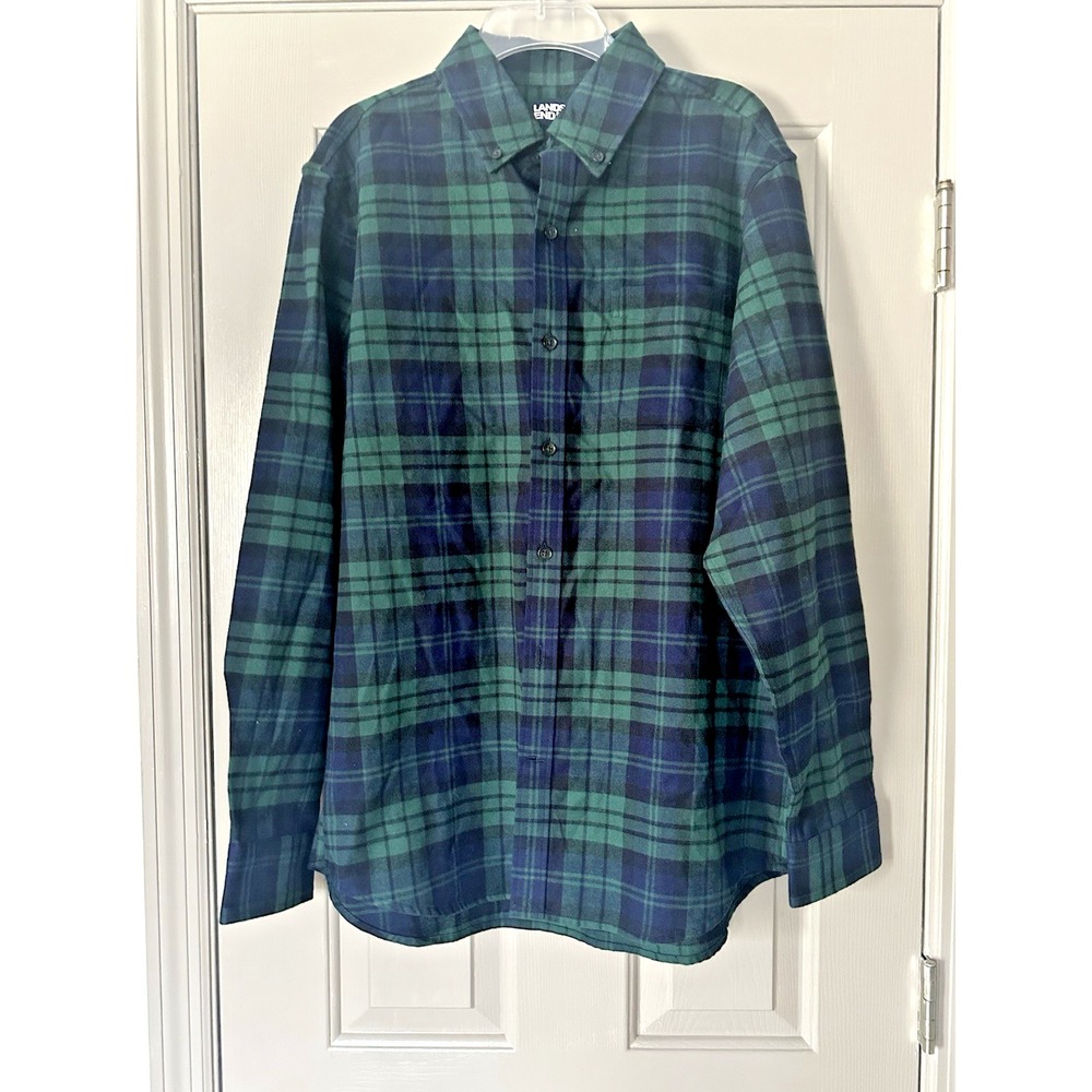 Lands End Shirt Plaid Traditional Fit Flannel Button Up Oxford Mens Large 42-44‎